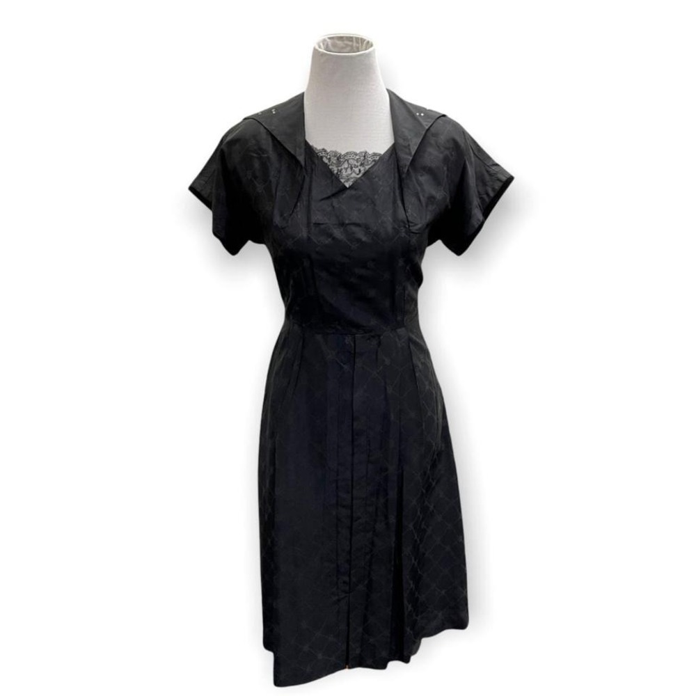 Vintage 50s 60s Black Knot Diamond Print Rhinestone Collar Dress Velvet Trim S/M